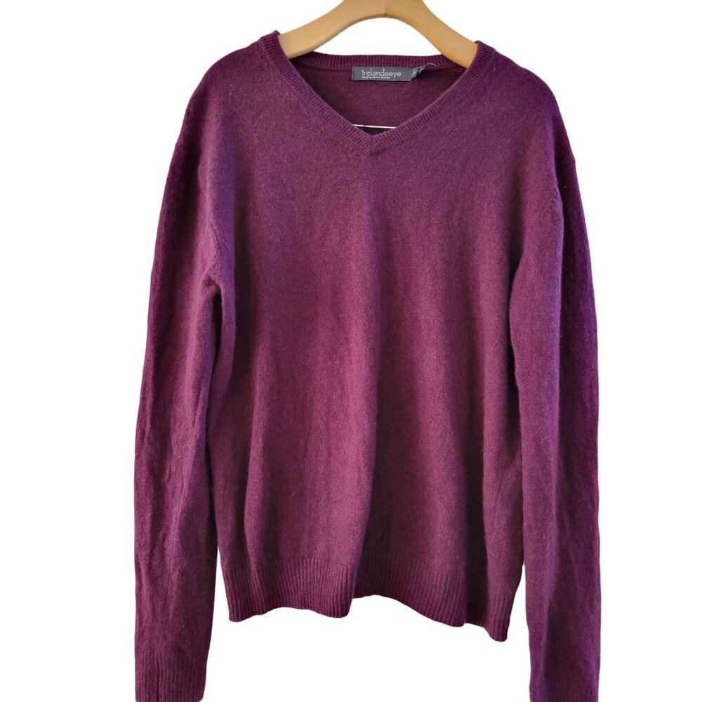 Irelandeye Mens Burgundy Merino Irish Wool V neck sweater jumper size Medium